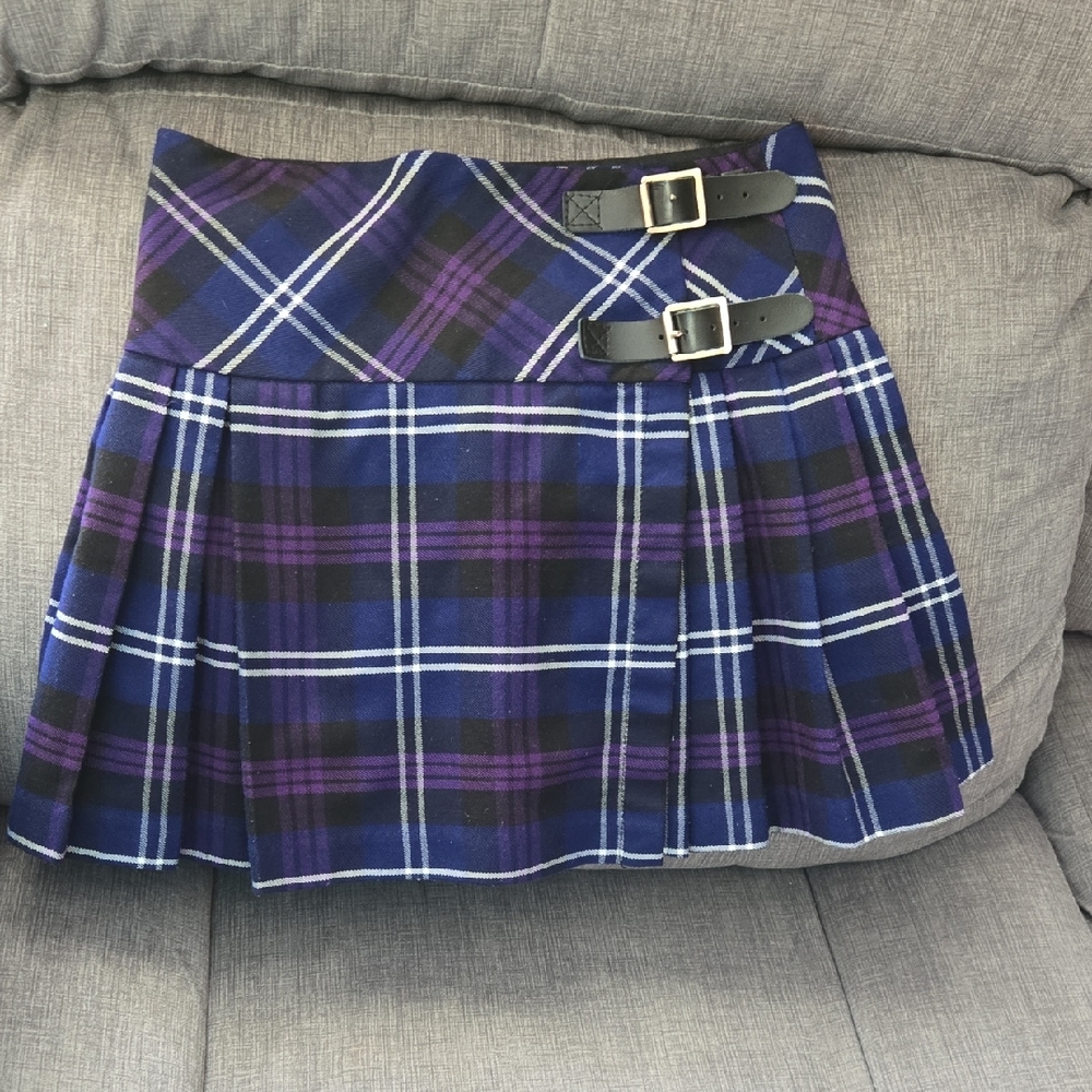 Pleated Plaid Kilt with Buckle Straps - Blue & Purple